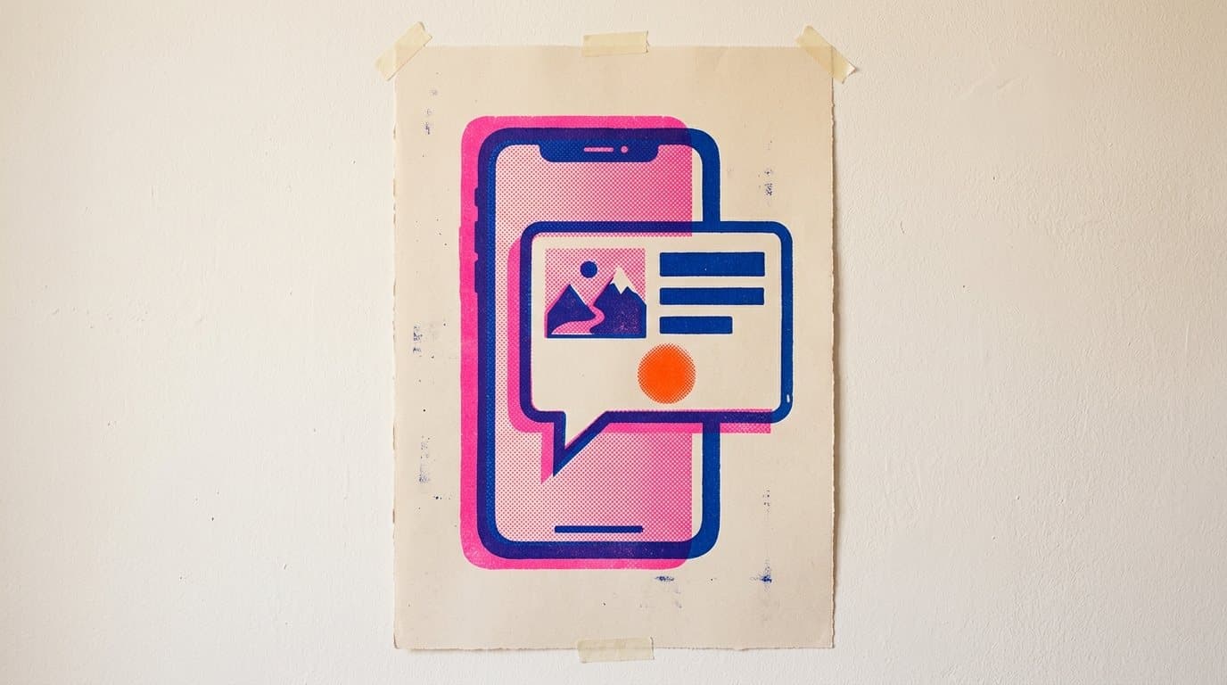 Risograph print of a phone showing a chat card, art on the left and a solid panel on the right, generated