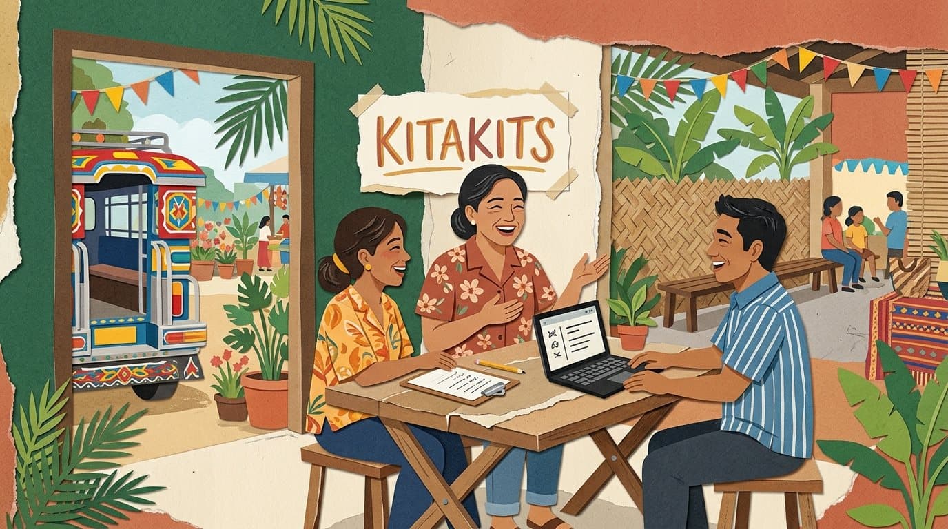 Cut-paper collage of a small community event with a hand-lettered kitakits sign, generated
